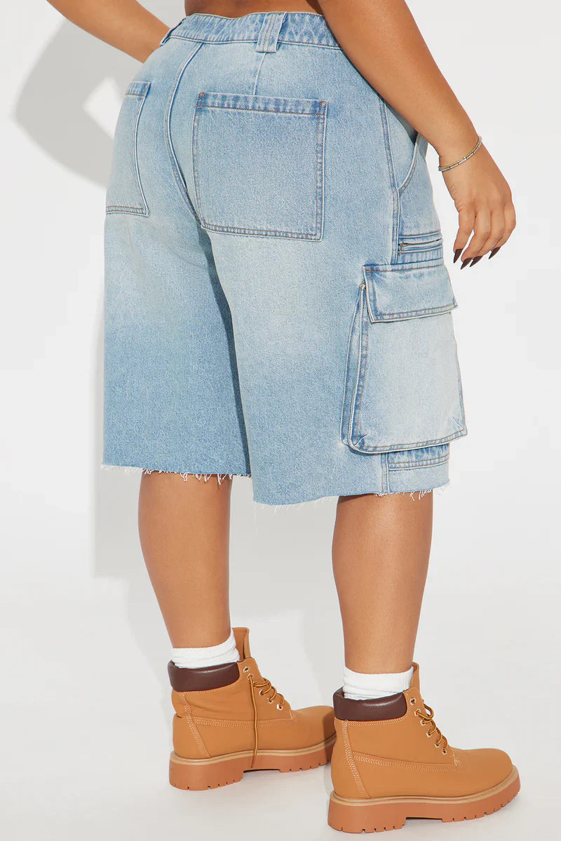 Denim Cargo Jorts - Light Wash