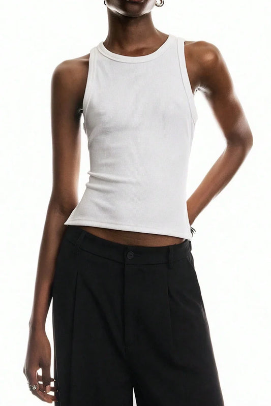 Solid-Color Wrap-Around Long Tie Design Sleeveless Round-Neck Backless Tank Top