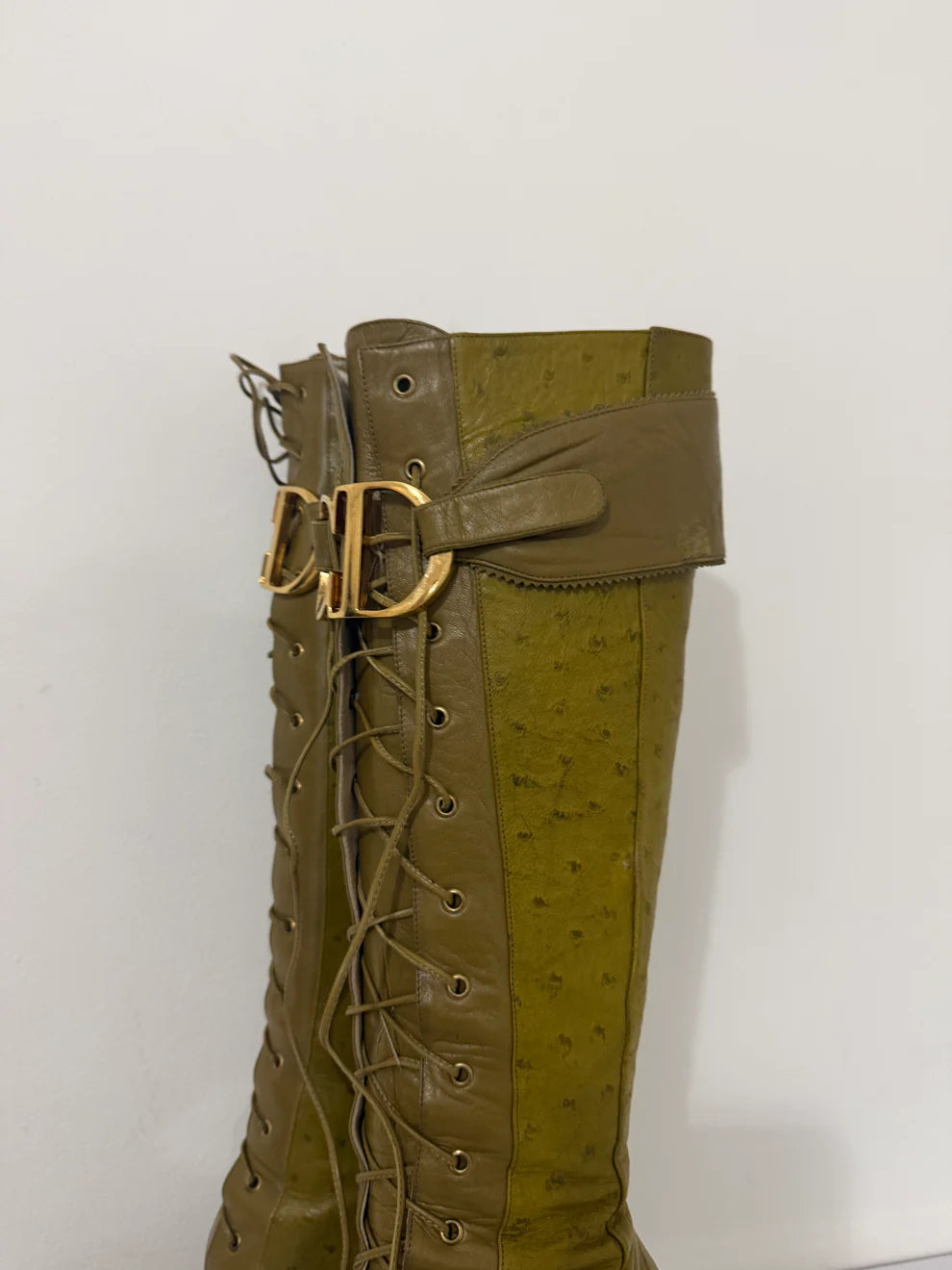 Ostrich-Embossed Lace-Up Pointed-Toe High Heel Boots
