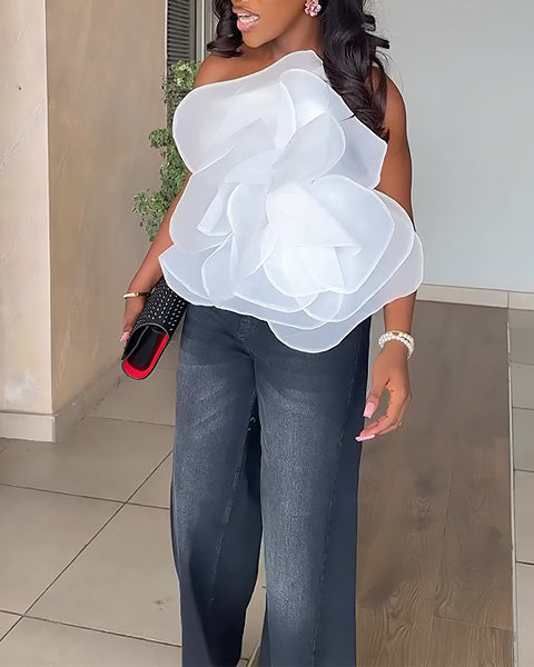 Elegant White Floral Ruffle One-Shoulder Top