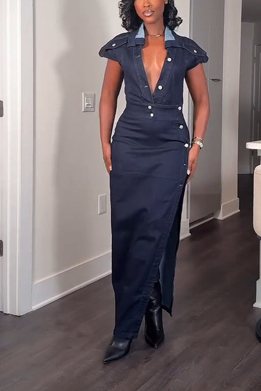 CHELSEA BUTTON SIDE DENIM MAXI DRESS