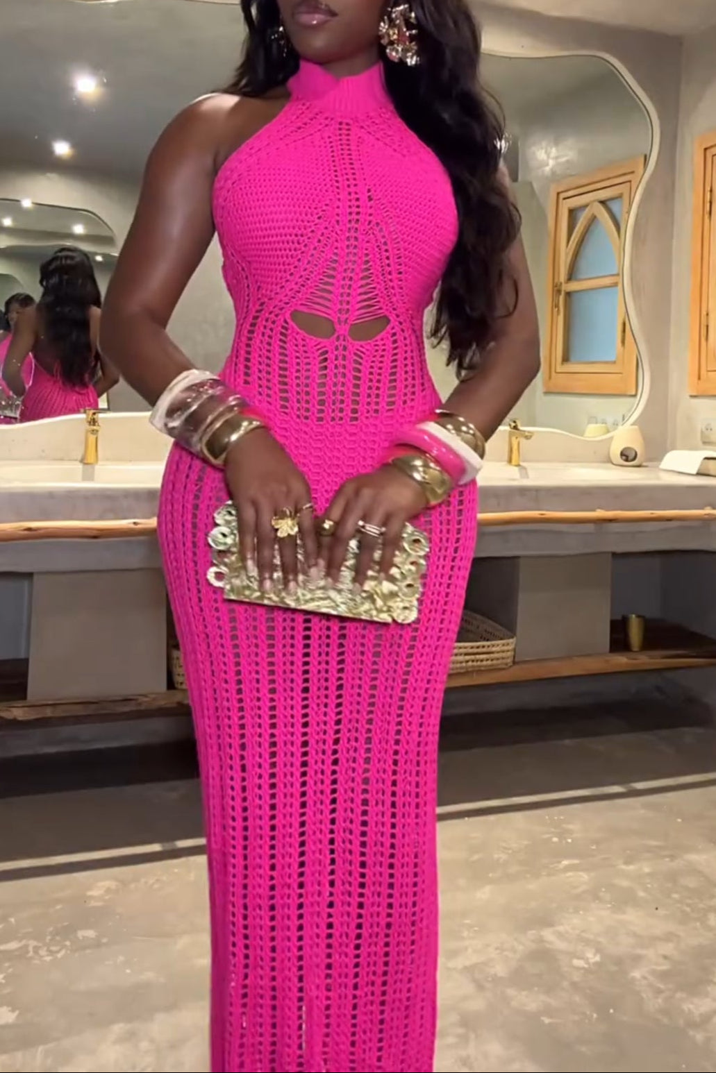 Halter Neck Bodycon Open Knit Fringe Party Dress