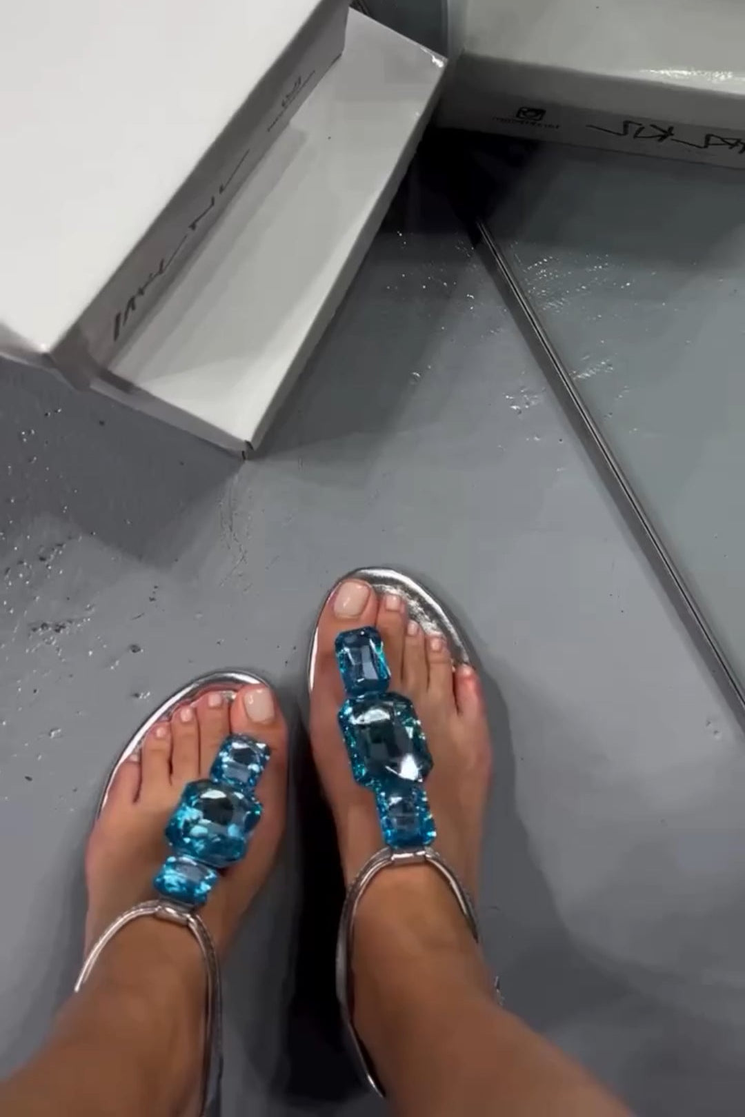 Blue Rhinestone Sparkle Flip Flops Flat Sandals