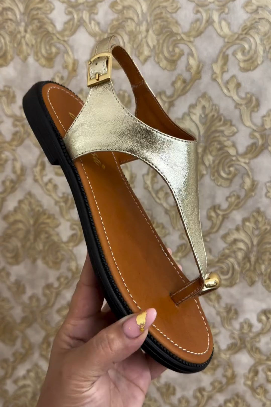 Metallic Gold T-Strap Flat Sandals