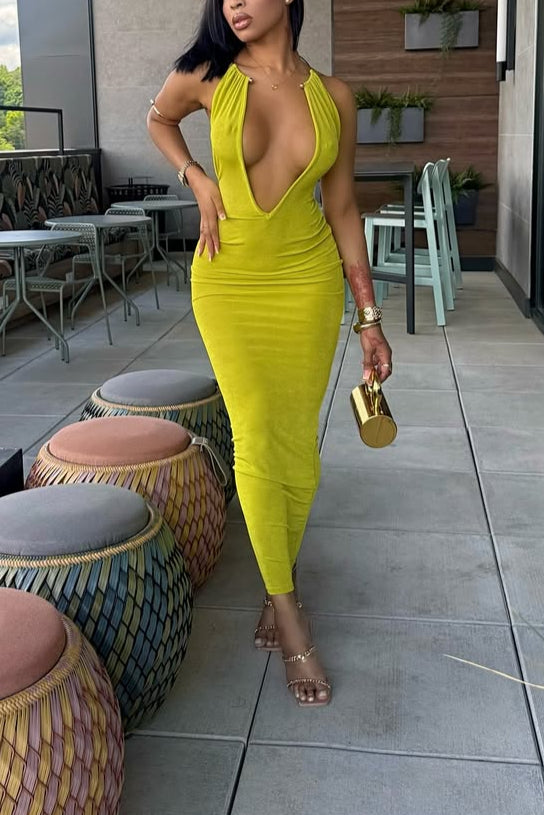 Bold Deep V Bodycon Maxi Dress – Neon Yellow Sleeveless Party Gown