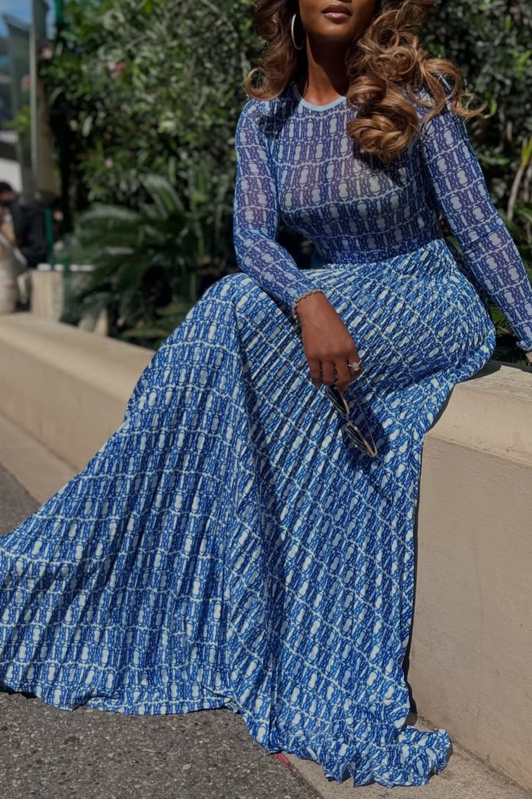 Elegant Blue Printed Two-Piece Set – Long Sleeve Top & Maxi Skirt Outfit