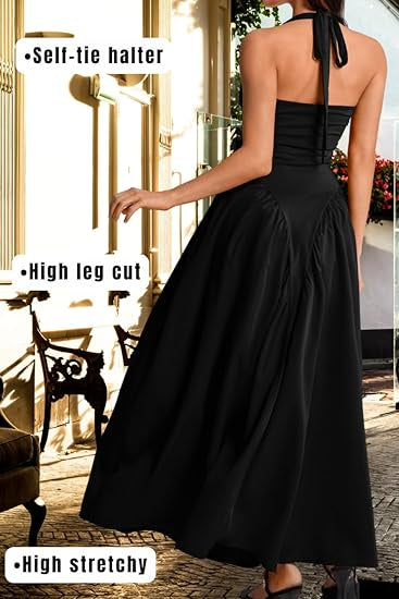 Corset Flowy Drop Waist Deep V Neck Halter Maxi Dresses