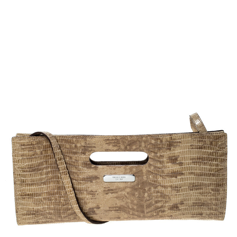 Beige Lizard Embossed Leather Cutout Handle Clutch Bag