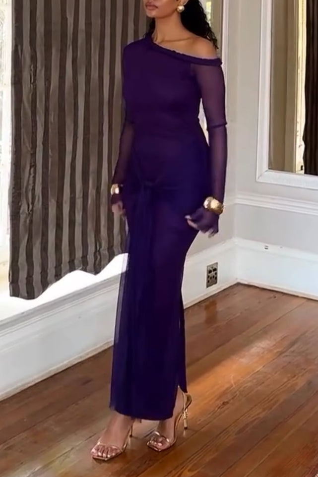 Elegant One-Shoulder Mesh Sleeve Maxi Dress