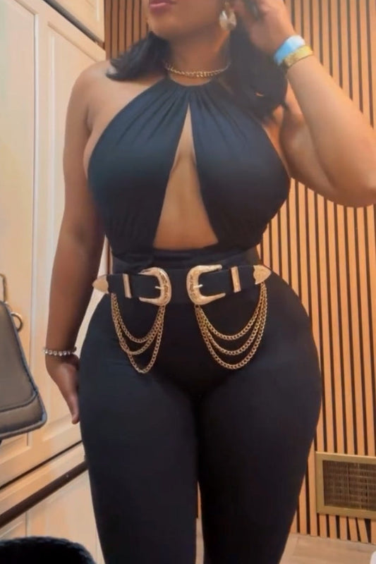 Sculpted Allure Halter Jumpsuit – Midnight Black