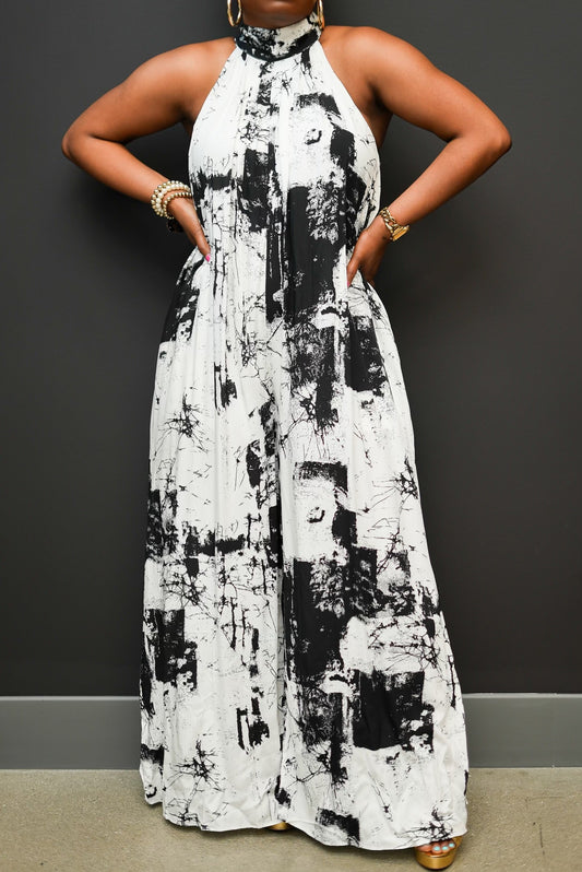 Black and White Abstract Print Halter Jumpsuit