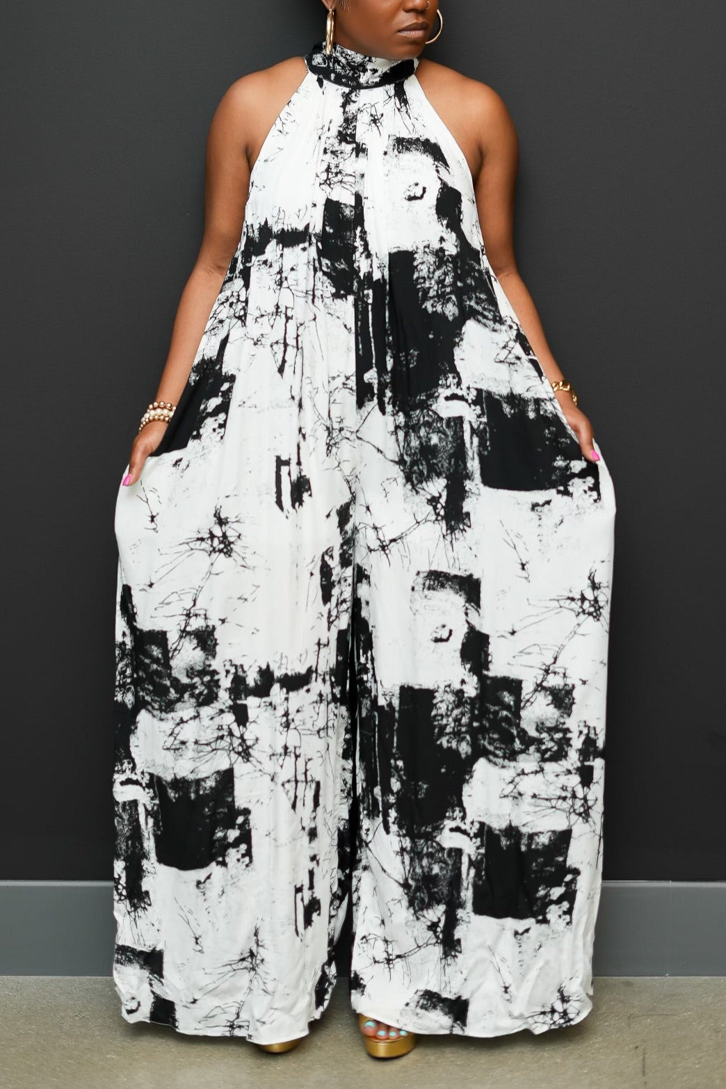 Black and White Abstract Print Halter Jumpsuit