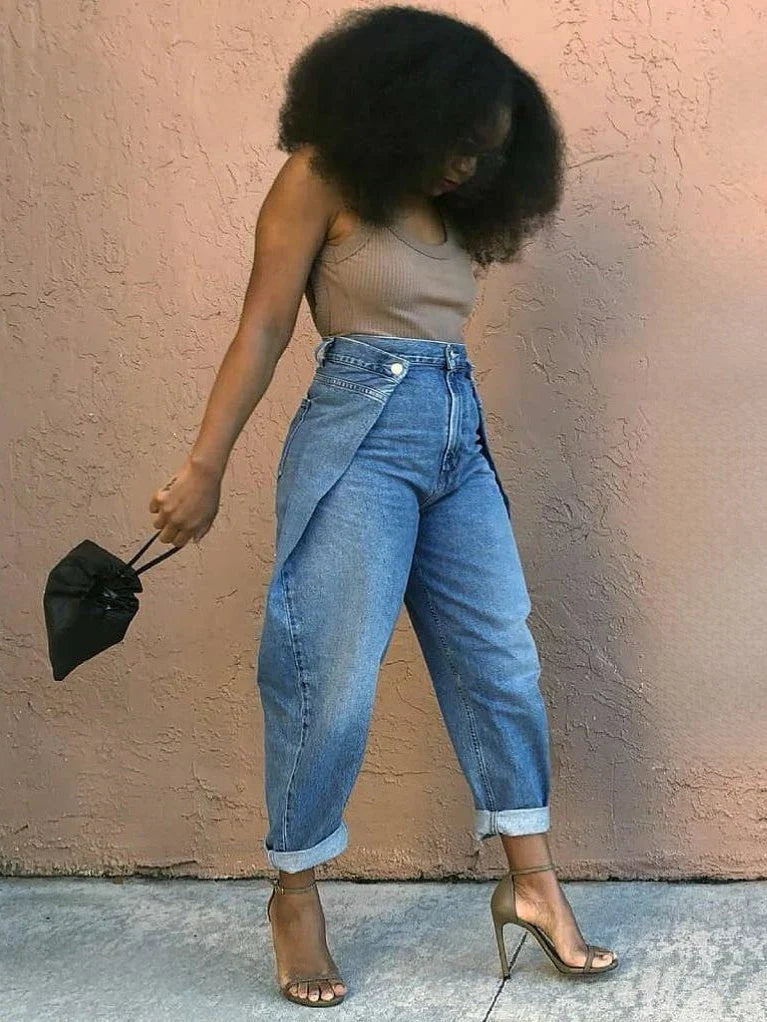 Wide-Leg Cuffed Jeans with Fold-Over Buttoned Waist