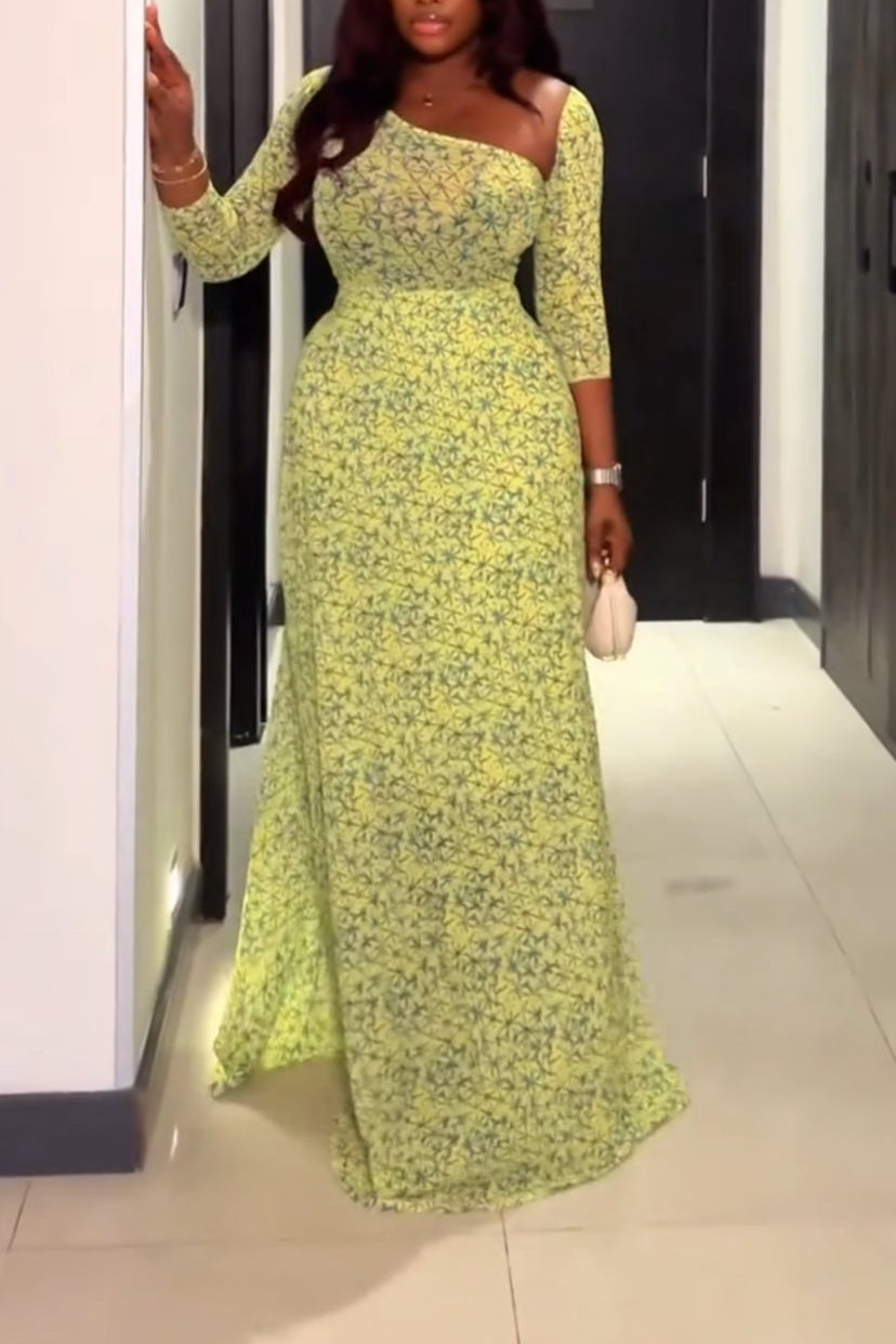 Floral Asymmetrical Shoulder Long Sleeve Waist-Cinched Maxi Dress