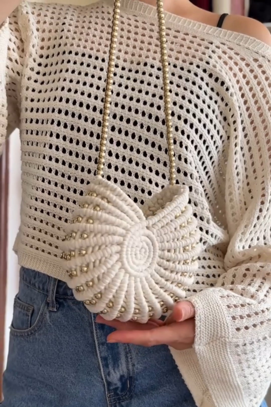 Handwoven Beaded Spiral Seashell Crossbody Bag