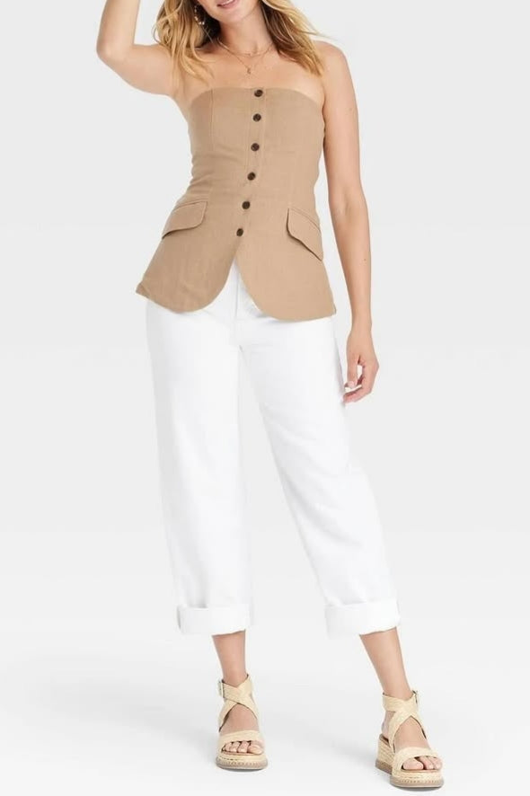 Button-Front Strapless Bustier Top