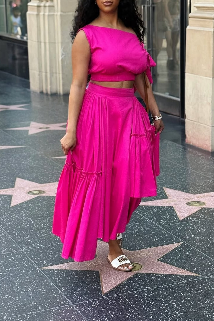 Hot Pink Two-Piece Set with One-Shoulder Crop Top and Tiered Maxi Skirt