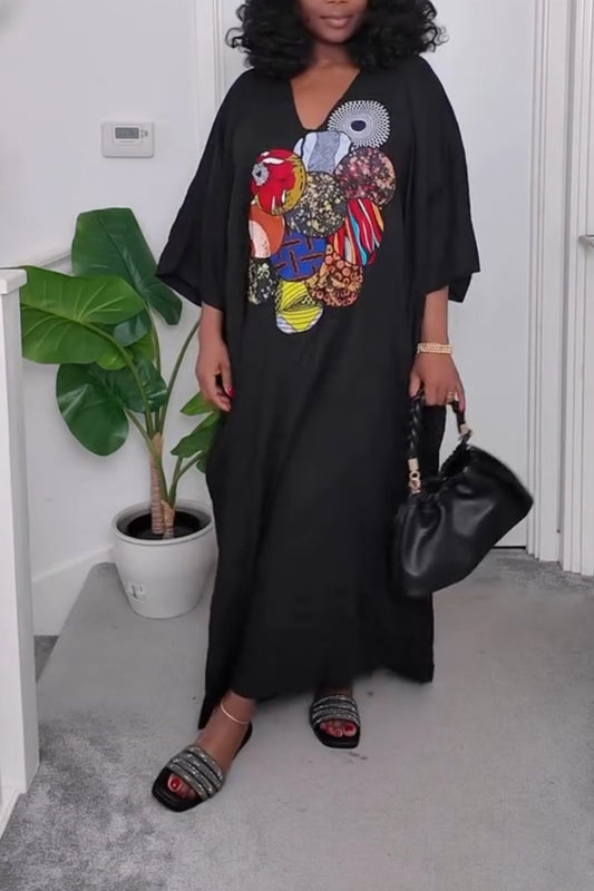Bohemian V-Neck Maxi Kaftan Dress with Colorful Patchwork Print