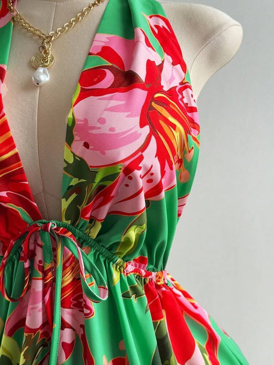Halter Print Backless Vacation Dress Mini-Dress