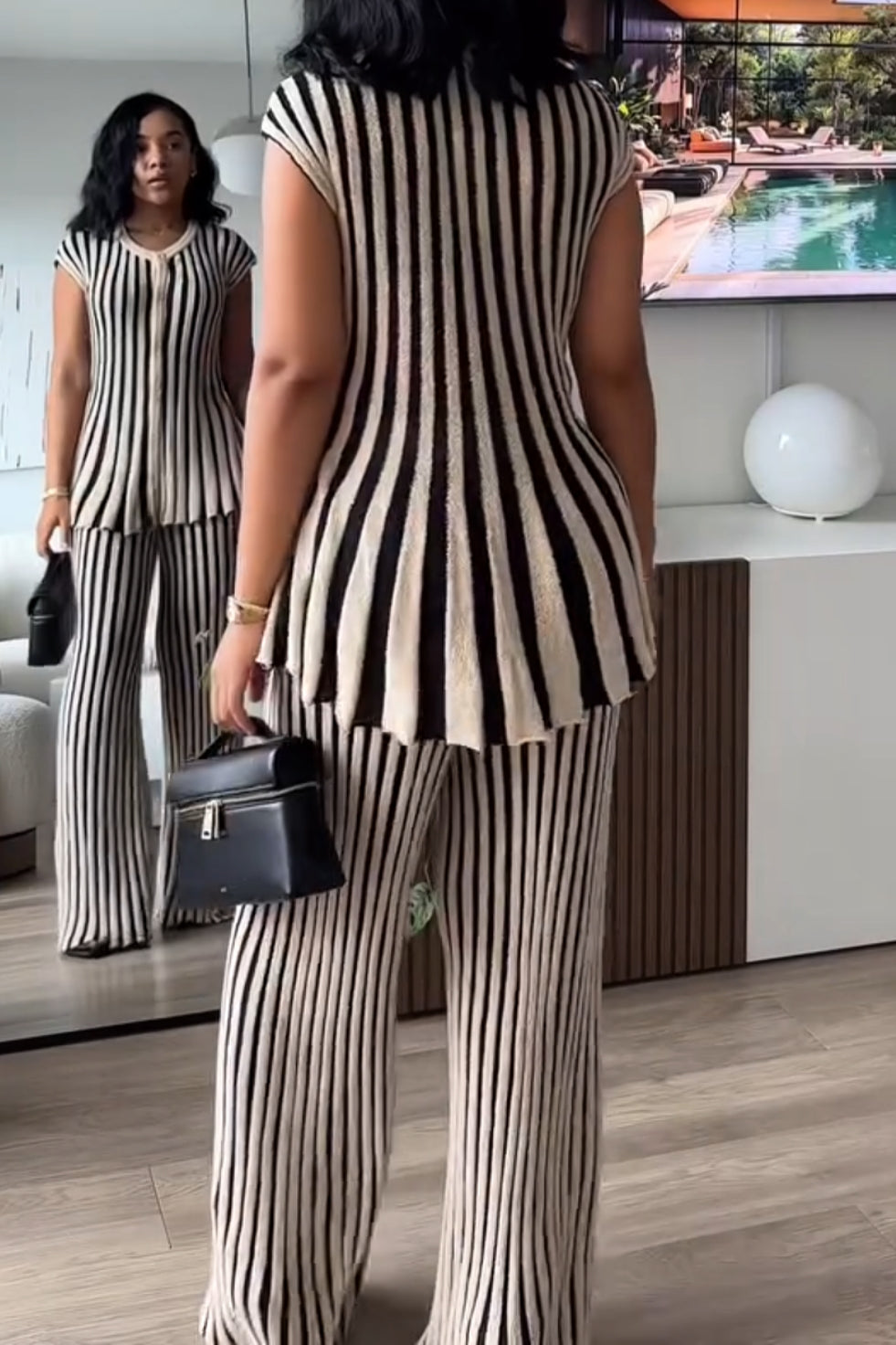 Black & White Striped Knit Sleeveless Top and Pants Set