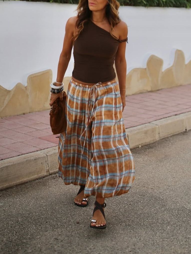 Drawstring Plaid Lantern Pants