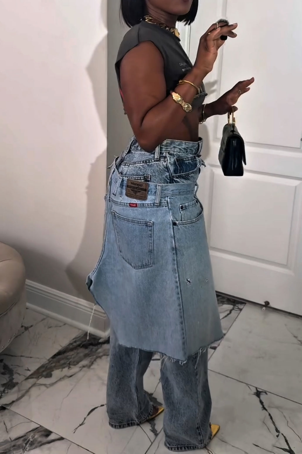 Layered Denim Pants with Skirt Overlay