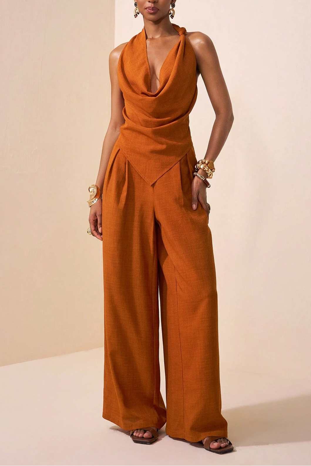 Tie Knot Design Brown Textured Crop Top & Wide Leg Linen Pants 2-Piece Set