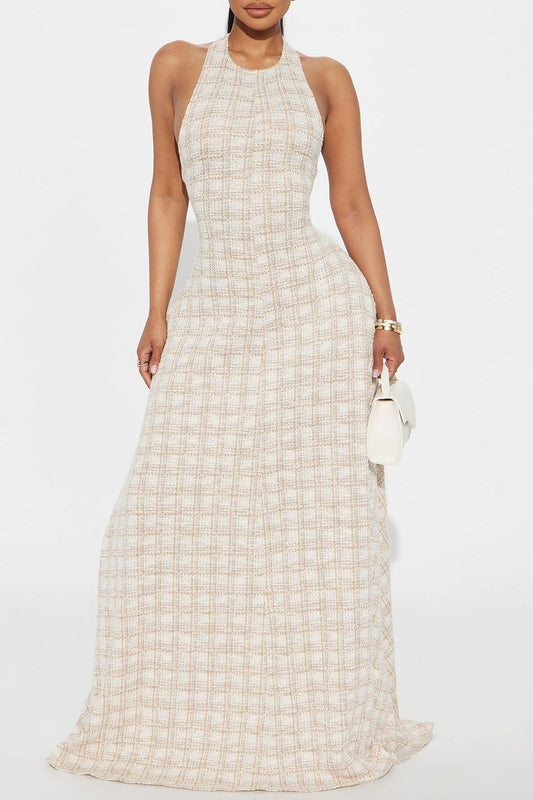 Taupe Tweed Maxi Dress