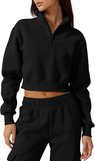 Half Zip Crop Sweatshirt High Neck Long Sleeve Pullover