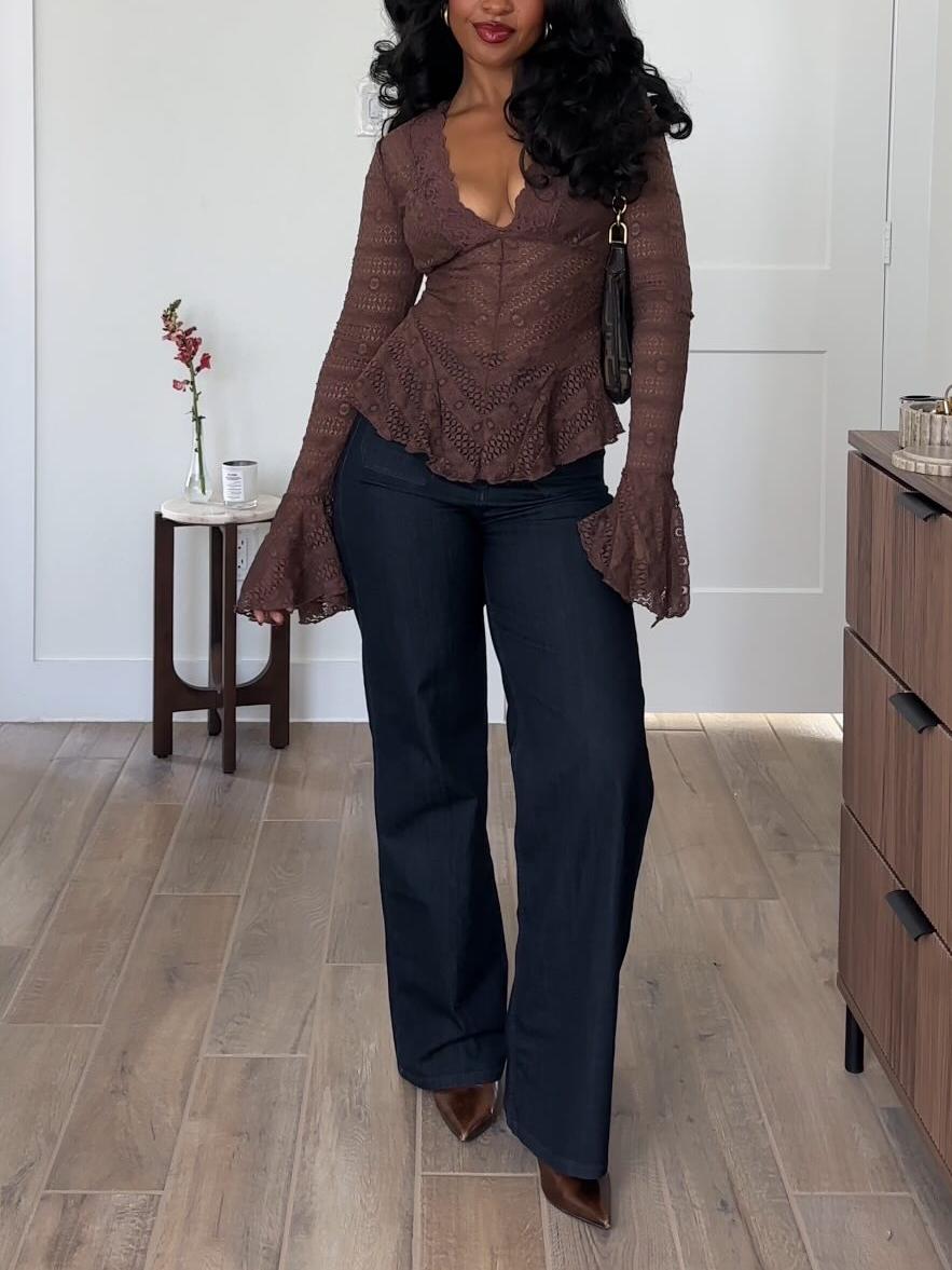 Sheer Lace Ruffle Bell Sleeve Top