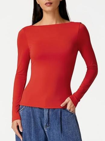 Cowl Back Boat Neck Double Lined Long Sleeve Top