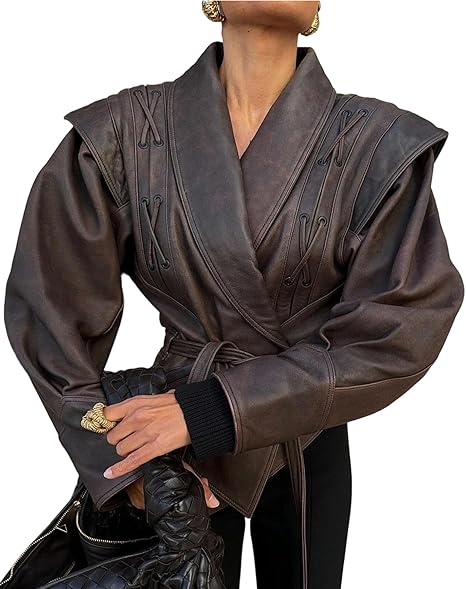 Faux PU Oversized Lace Up Asymmetrical Belted Motorcycle Bomber Coats