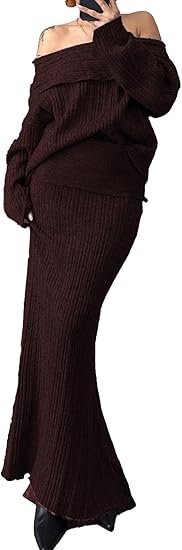 Off Shoulder Long Sleeve Sweater Bodycon Maxi Skirt Knit Sweater Set