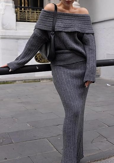 Off Shoulder Long Sleeve Sweater Bodycon Maxi Skirt Knit Sweater Set