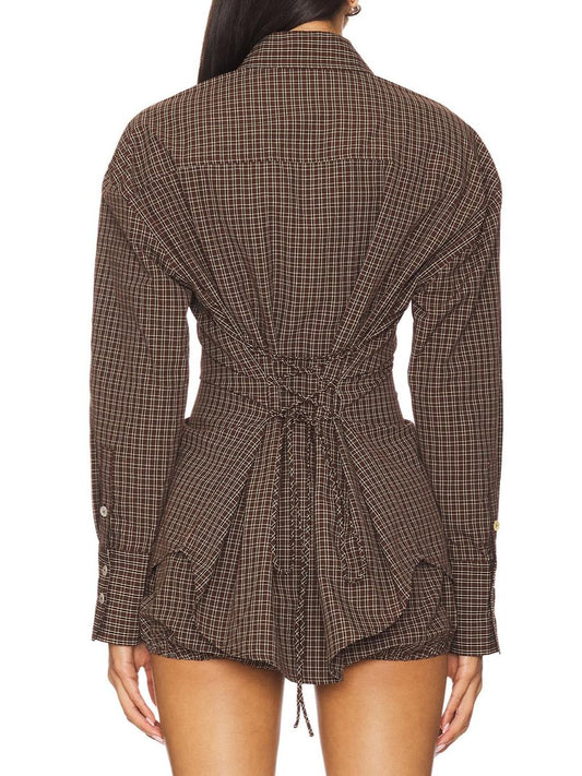 Plaid Drawstring Back Shirt & Puff Hem Shorts Set