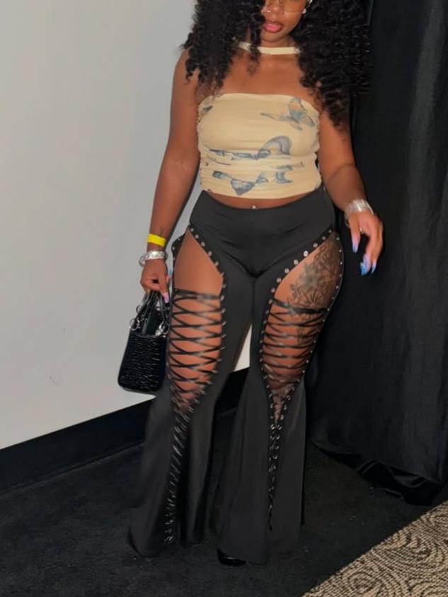 Hollow-Out Drawstring Slim Fit Flared Pants