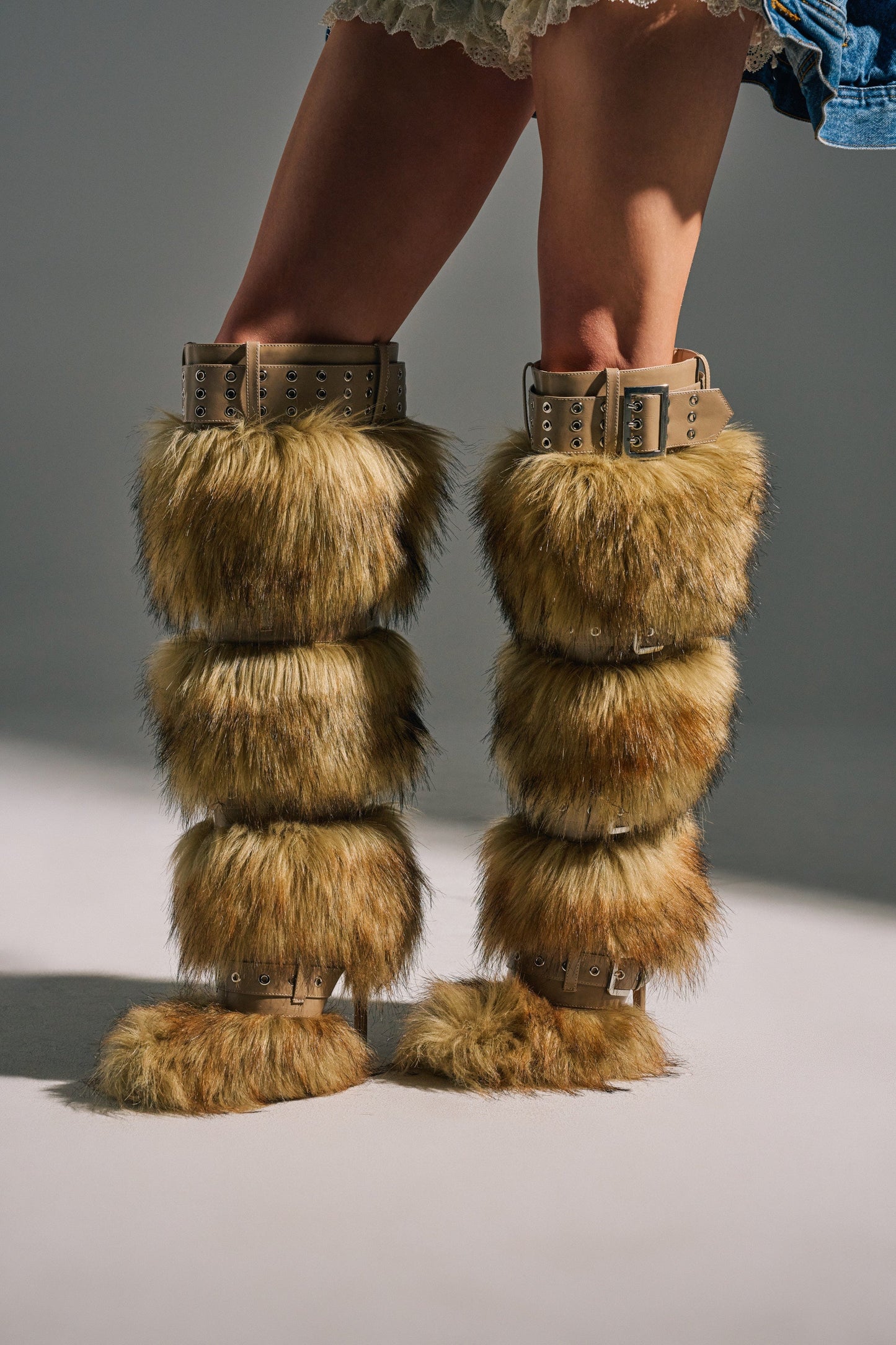 Brown Multi Faux Fur And Buckles Boot