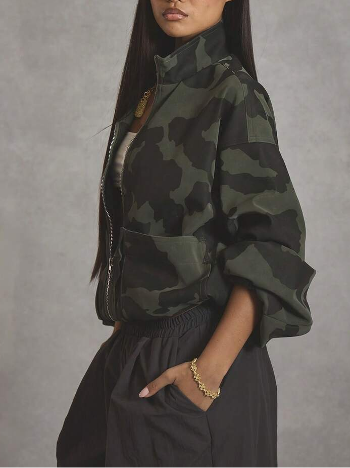 High Neck Oversized Camo Bomber Jacket