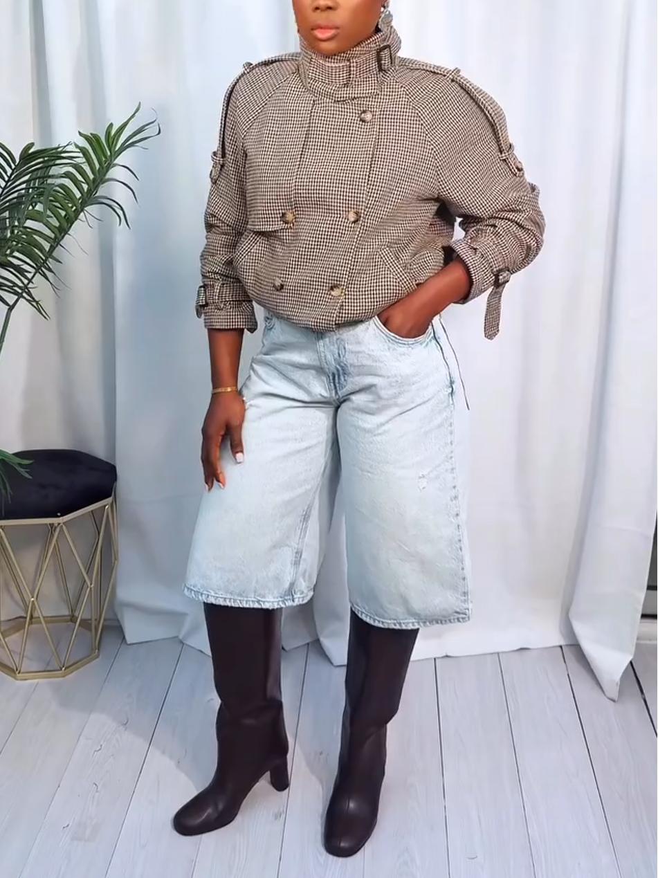 Elegant Lapel Checkered Buttons Double Breasted Coat