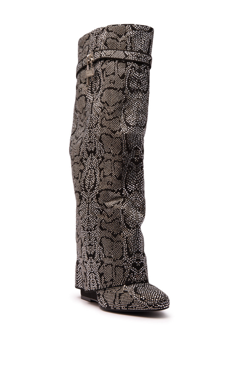 Capricorn Rhinestone Snake Pattern Wedge Fold Over Boot