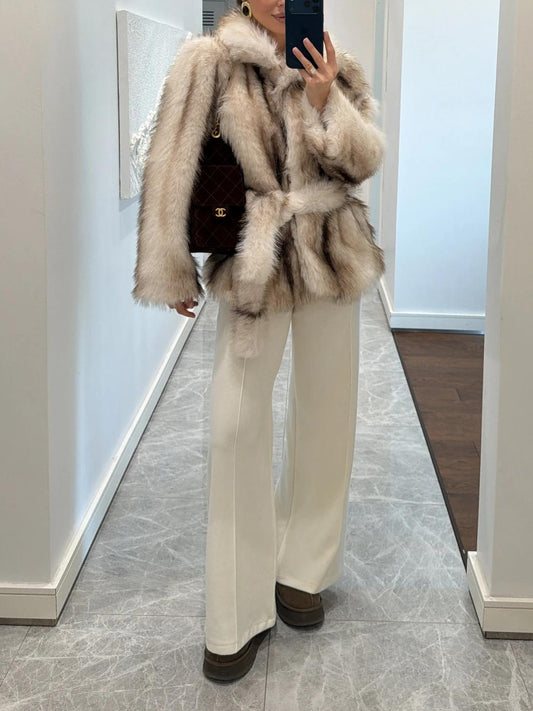 Ecru Brown Transition Belted Faux Fur