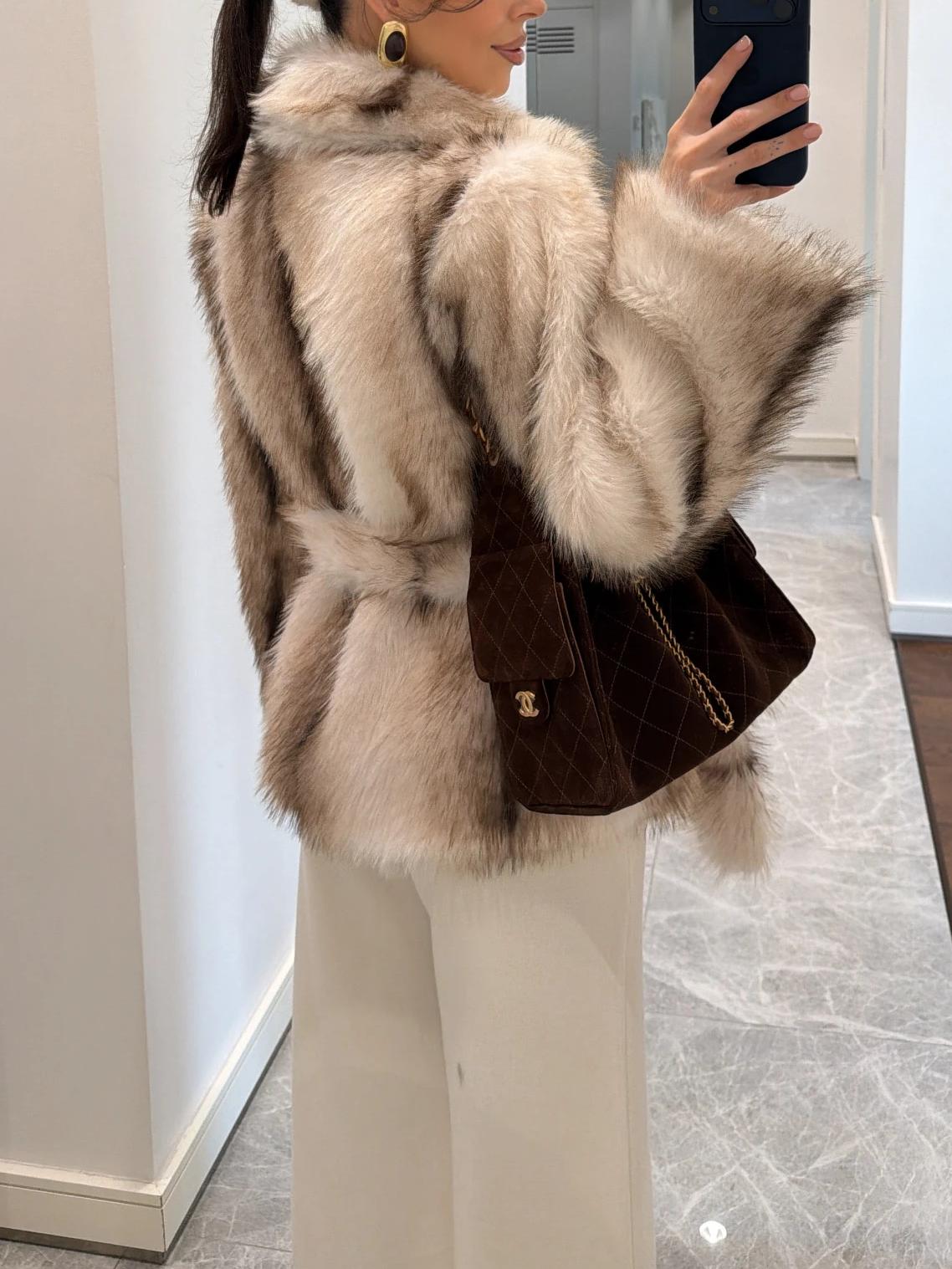 Ecru Brown Transition Belted Faux Fur