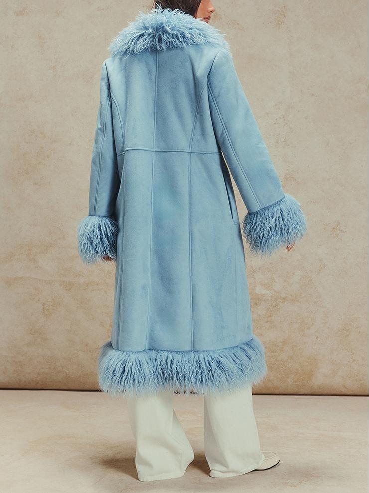 Powder Blue Faux Fur Trim Maxi Coat