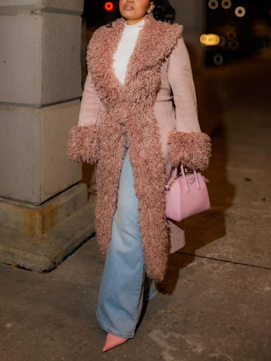 Suedette Faux Mongolian Trim Trench Coat