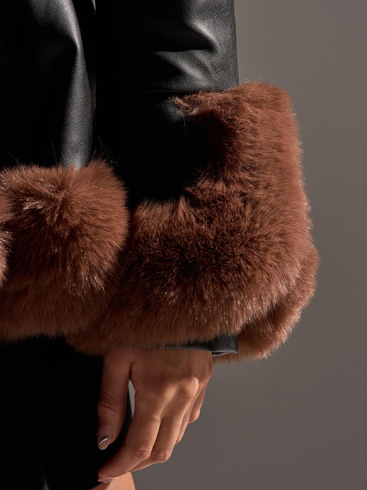 Fur Trim Peplum Moto in Black Brown