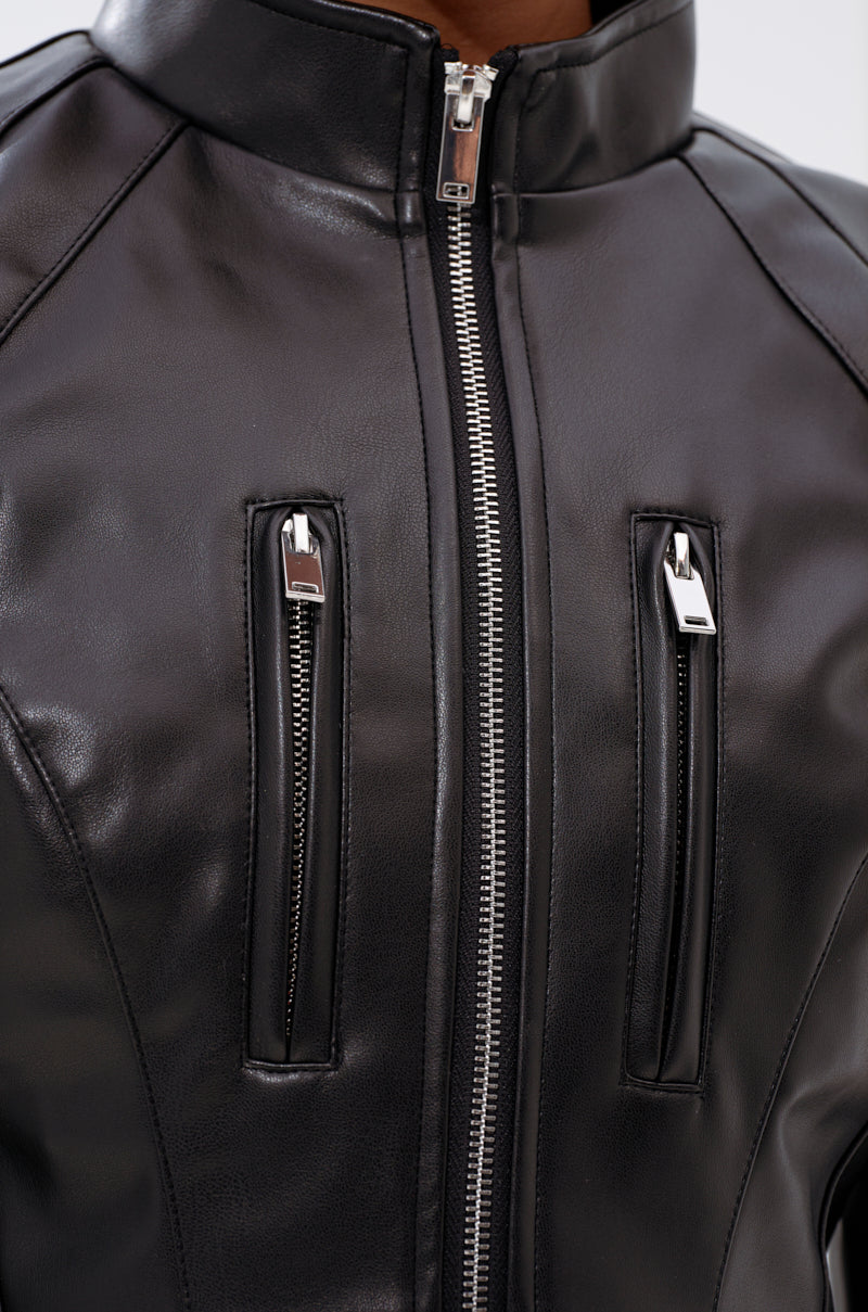 Asymmetrical Shoulder Slim-Fit Cropped Leather Jacket