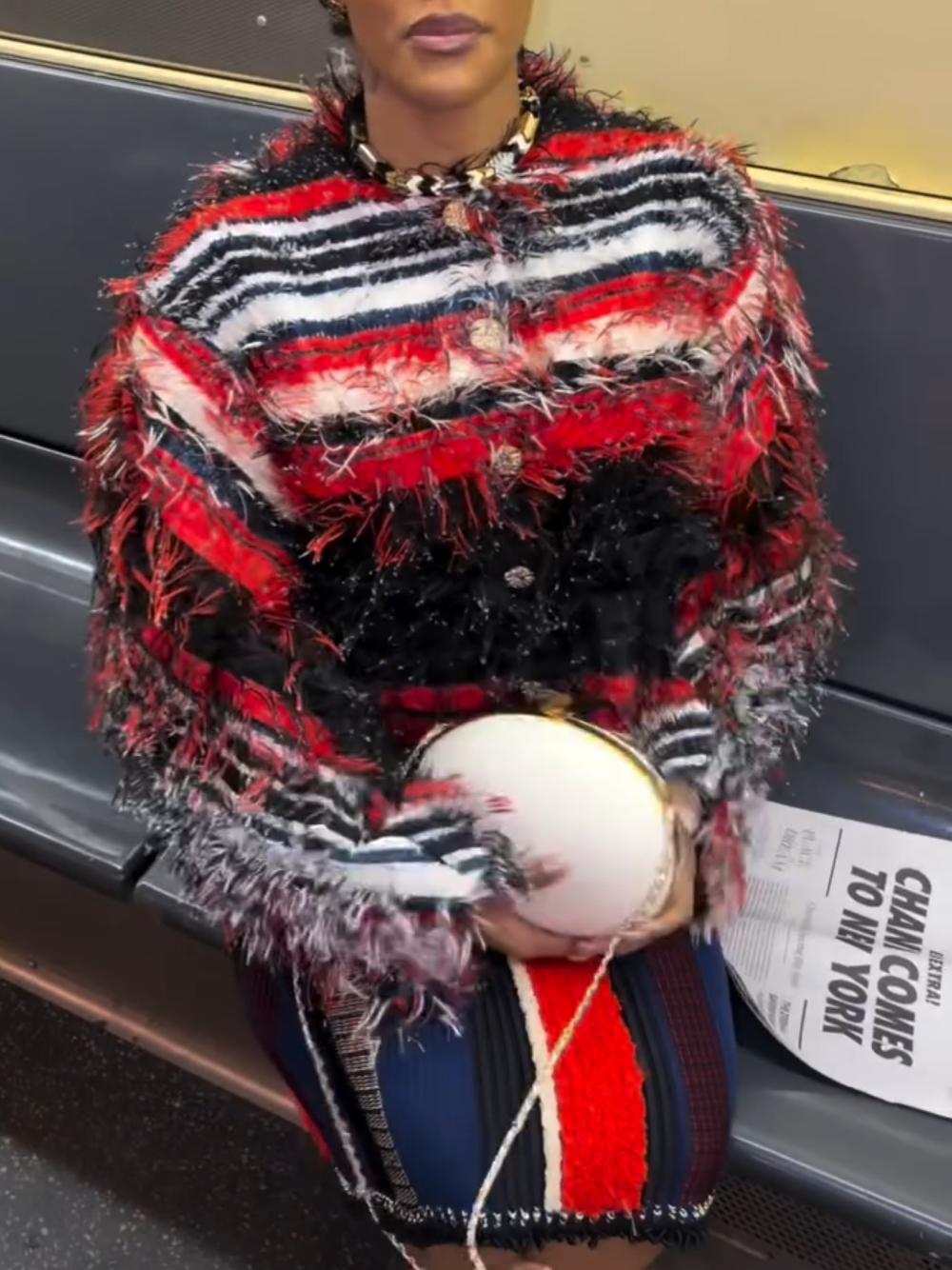 Color-Block Striped Knit Fringe Long Sleeve Top