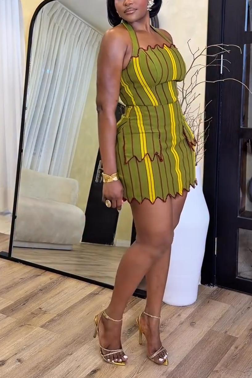 Curve-Hugging Halter Mini Dress with Wavy Trim