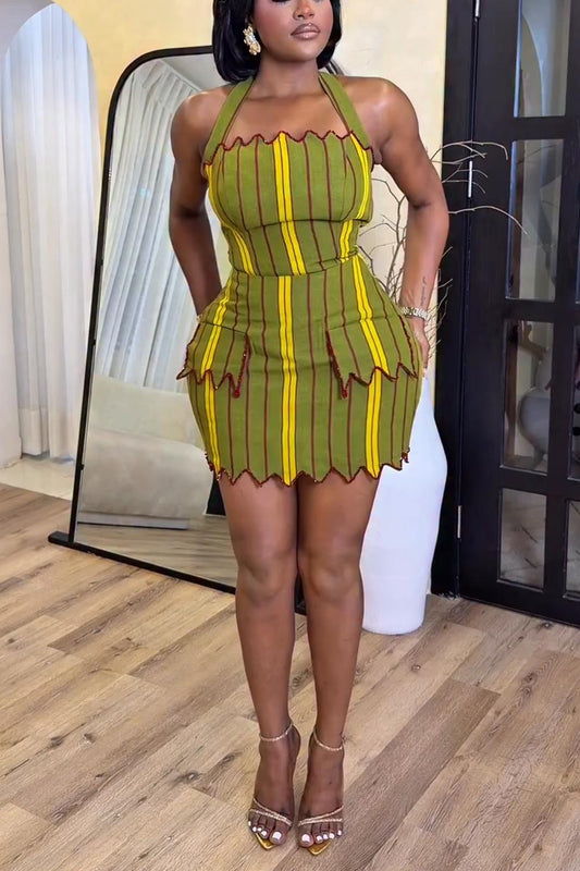 Curve-Hugging Halter Mini Dress with Wavy Trim