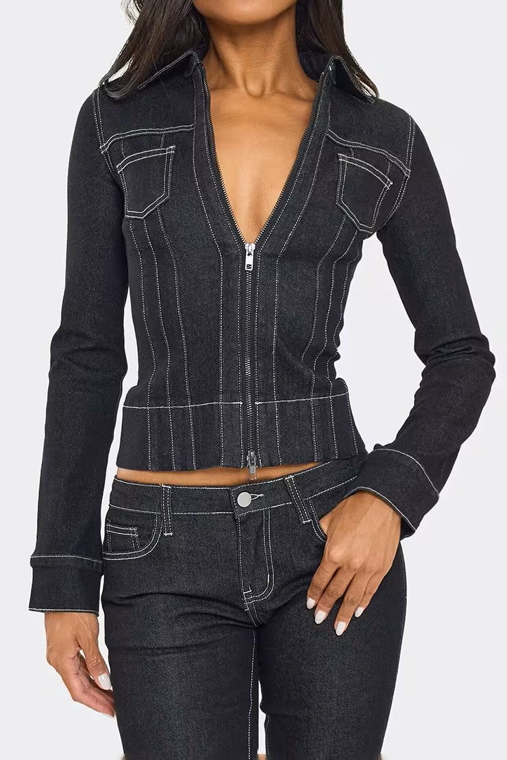 Distressed Crucifix Detail Cropped Jacket & Low Rise Seam Detail Flared Jeans Set